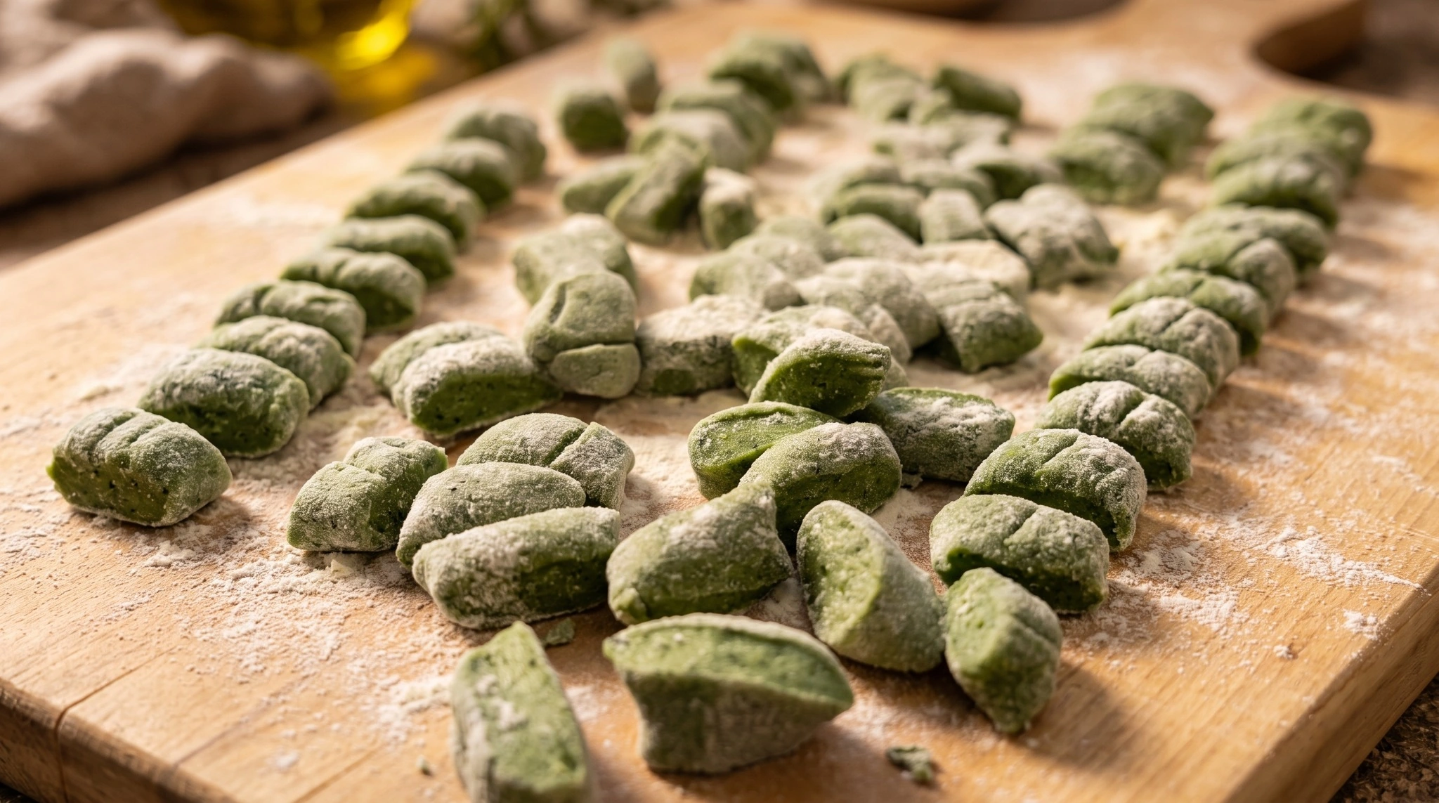 Gnocchi verdi crudi fatti a mano su una spianatoia infarinata.